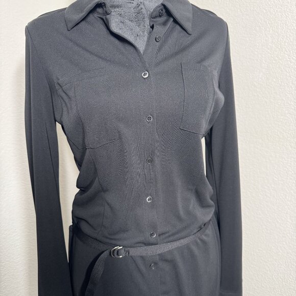 Kenneth Cole Black Button-Down Dress With Belt Long Sleeve Size Medium 100% Poly - Picture 2 of 6